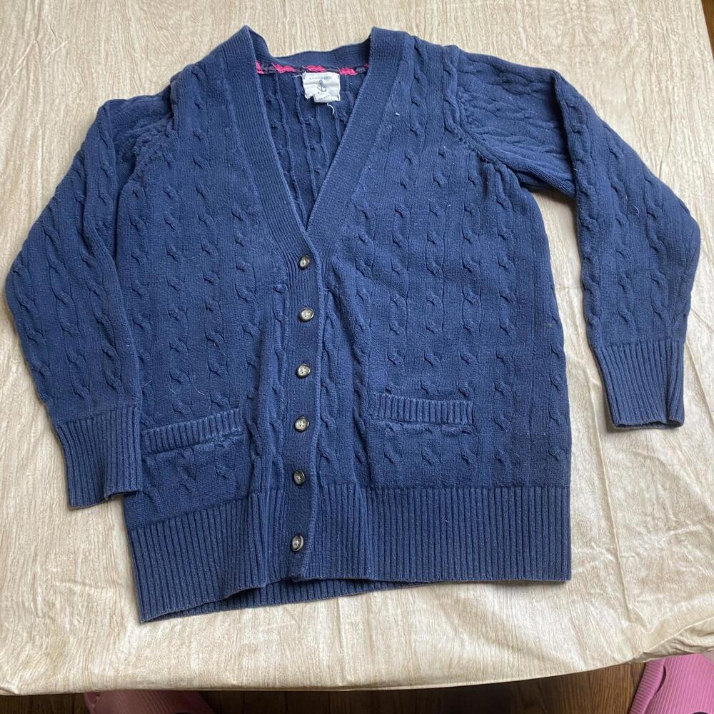 Lands End Kids Girls Cable Knit Cardigan Sweater Navy Sz Small 7-8 Button Front